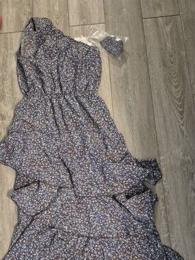 blue floral print one-shoulder tiered maxi dress.